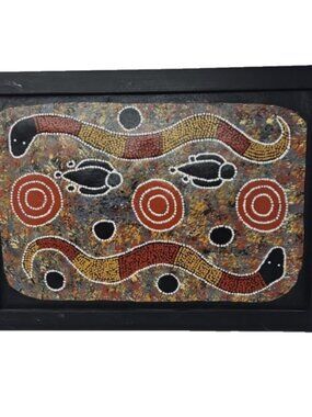 Y2K Framed Original Australian Aboriginal Painting by A Ridge Snakes 19" x 14"